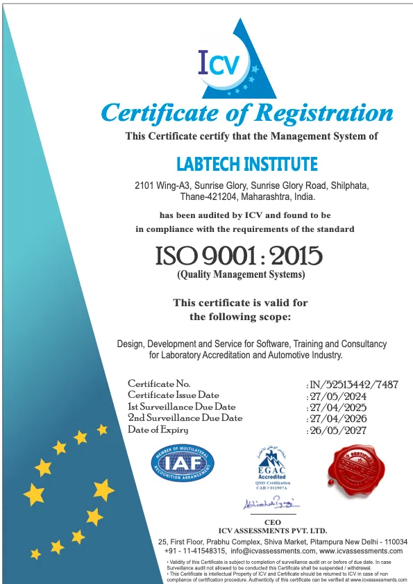 Certificate of Registration issued to Labtech Institute by ICV Assessments Pvt. Ltd., confirming compliance with ISO 9001:2015.